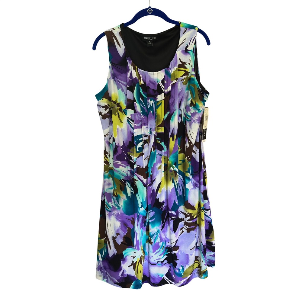 Perceptions Knit Dress Purple Floral Abstract‎ Sleeveless Pleated Size 16 NWT